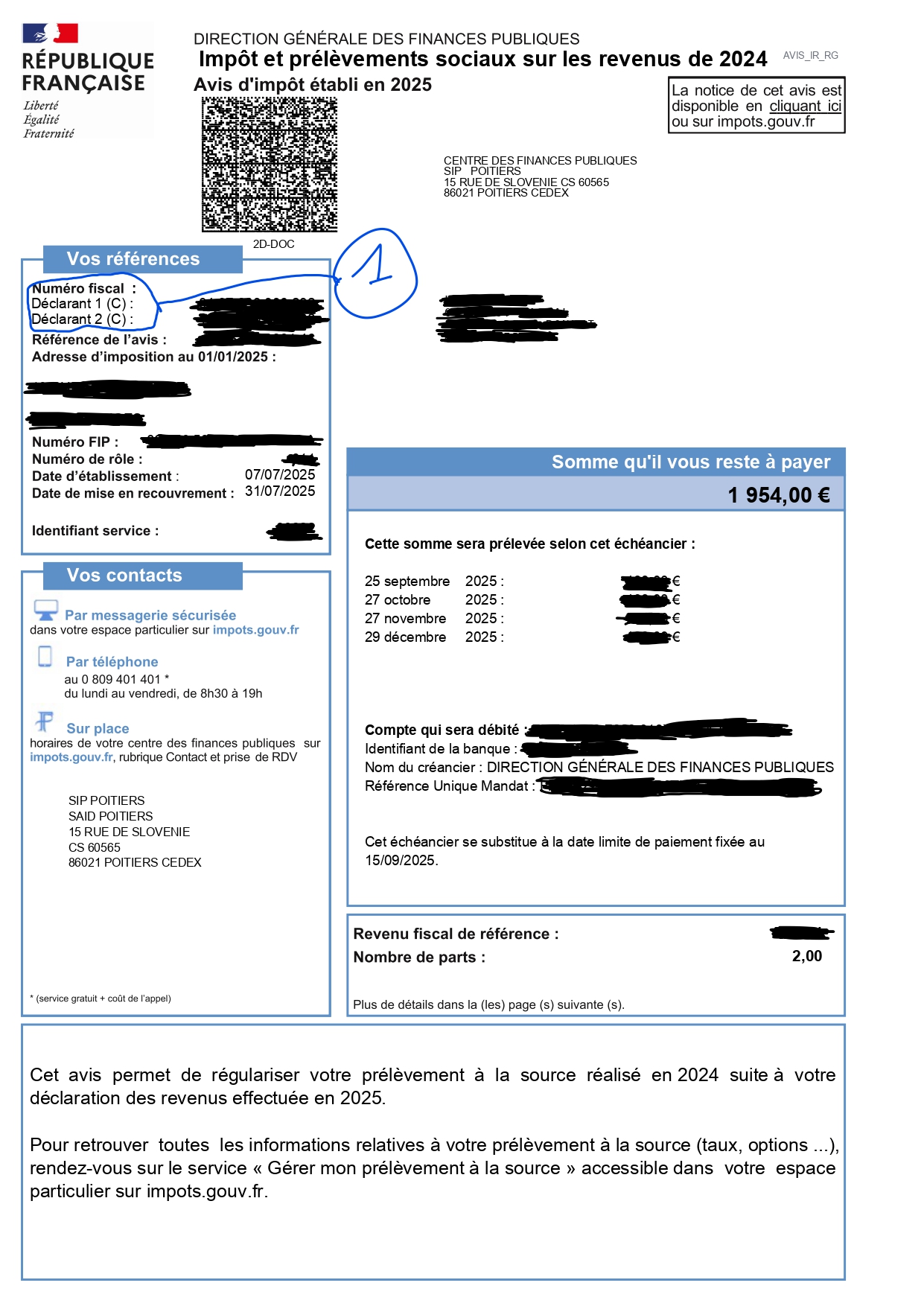 Example of French tax assessment notice - declarant section